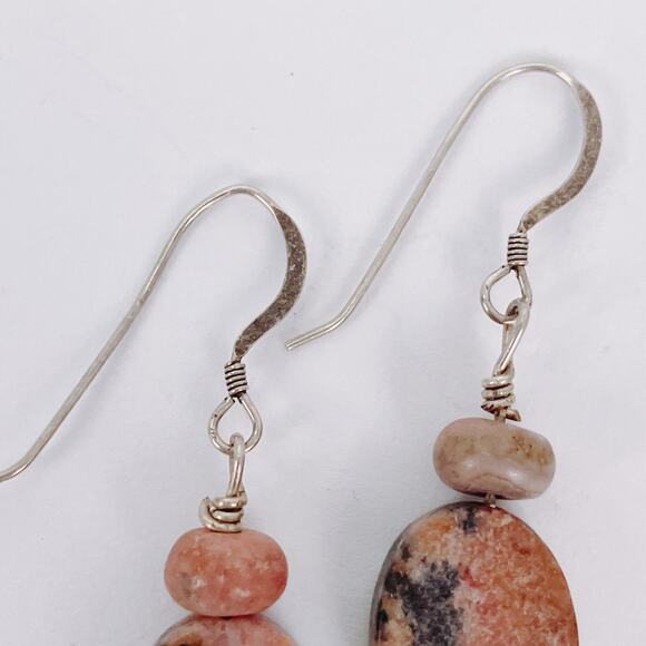 VTG Gemstone Silver Likely Sterling Rhodonite Earrings Boho Dangle Pink Black - Picture 6 of 8
